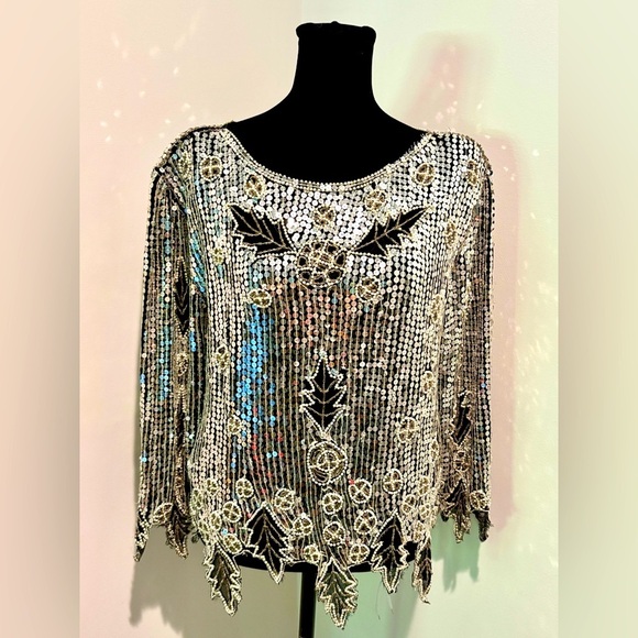 VINTAGE 80s Unbranded Black Silver Sequined Beaded Leaf Design Silk Lined Top M - Picture 2 of 7